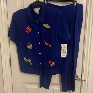 Y2K Megan Lee women’s 16P Short Sleeve Button top & Capri‎ set navy embroidery